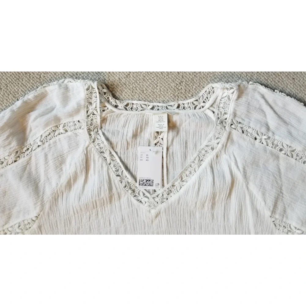 NWT Womens Top-H&M-white gauzy 'Lace-detail Blouse' raglan balloon slv Beachy-XL